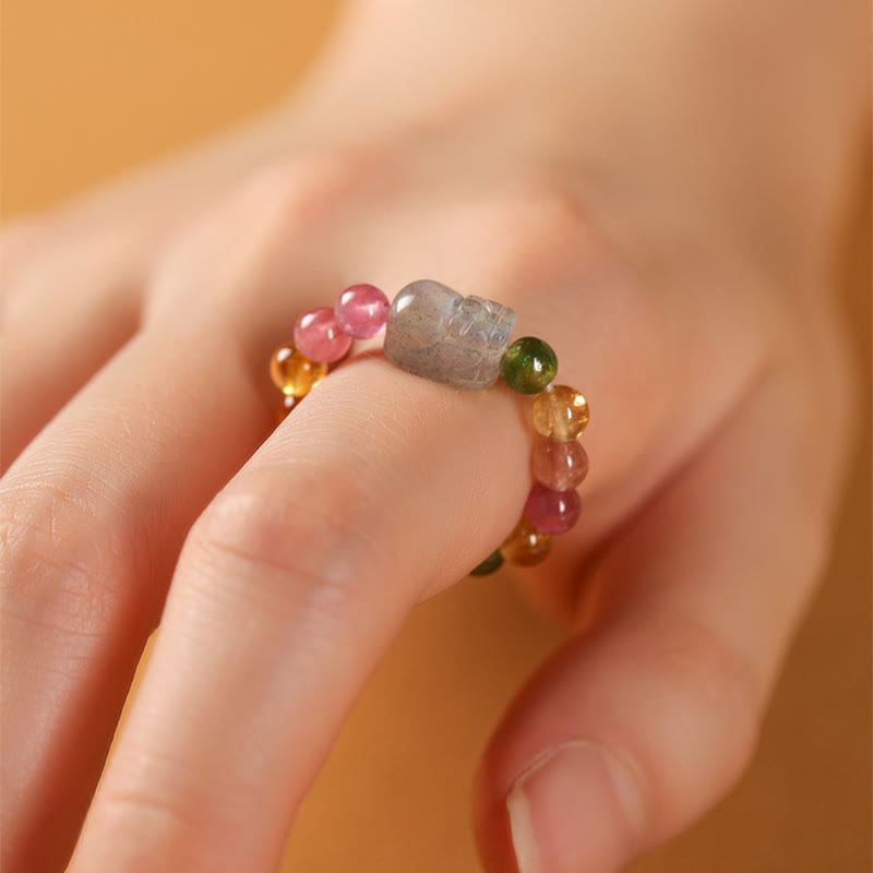 Anello Buddha Stones, tormalina naturale, perla portafortuna, ambra Pixiu, amore positivo - image 8