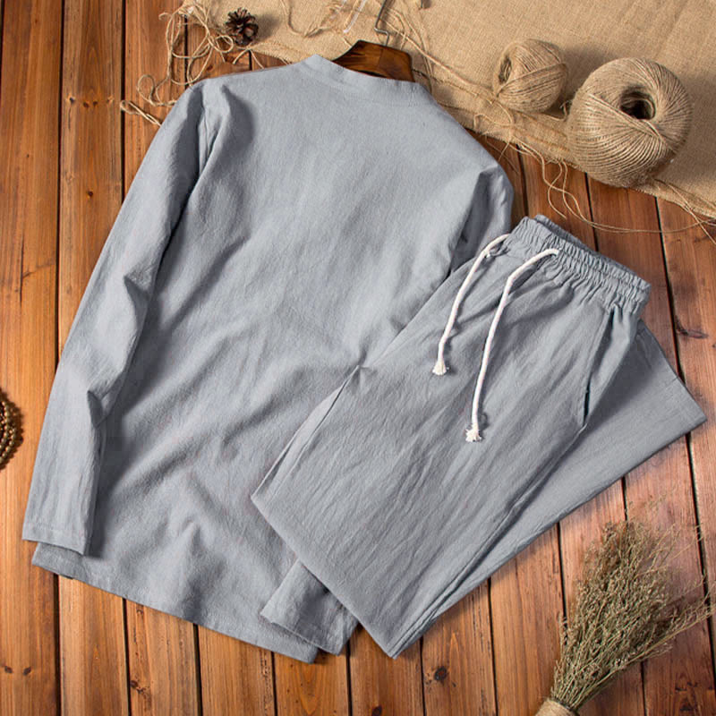 Set di abbigliamento da uomo con pantaloni e top a maniche lunghe color puro Buddha Stones - image 8