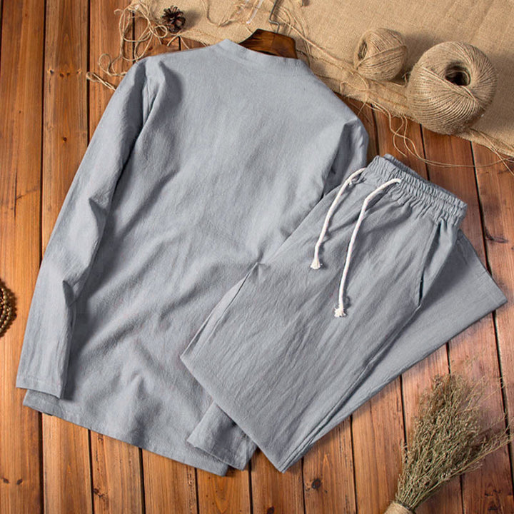 Set di abbigliamento da uomo con pantaloni e top a maniche lunghe color puro Buddha Stones - image 8