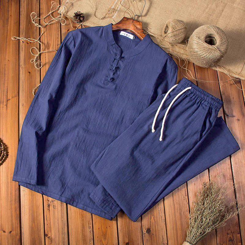 Set di abbigliamento da uomo con pantaloni e top a maniche lunghe color puro Buddha Stones - Blu notte - US/UK/AU44，EU54 (5XL) - image 11