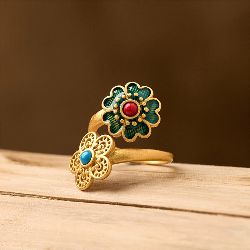 Anello della ricchezza Buddha Stones, doppi petali, turchese gocciolante in rame - image 1