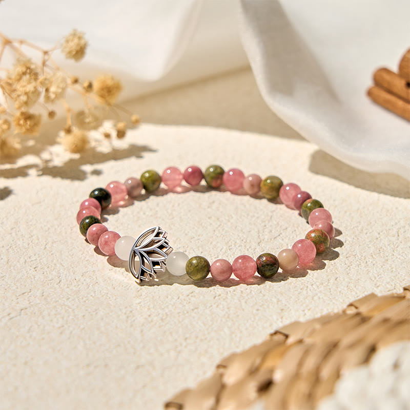 Braccialetto di guarigione con perle di rodonite e unakite, Buddha Stones e loto - image 1