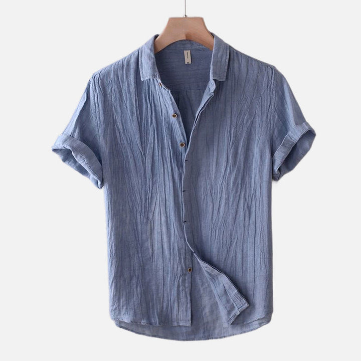 Camicia da uomo Buddha Stones , tinta unita, con risvolto, manica corta, comoda camicia in cotone e lino con piega e bottoni - manica corta - Blu fiordaliso - US/UK/AU50, EU60 (5XL) - image 0