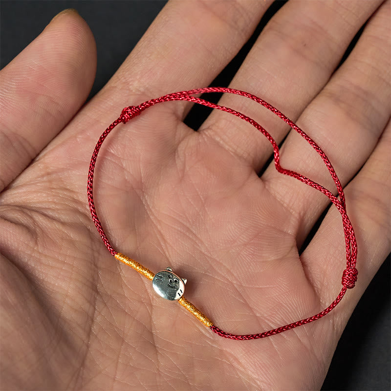 Bracciale intrecciato in corda rossa con simpatico gatto in argento sterling 925 Buddha Stones - image 4
