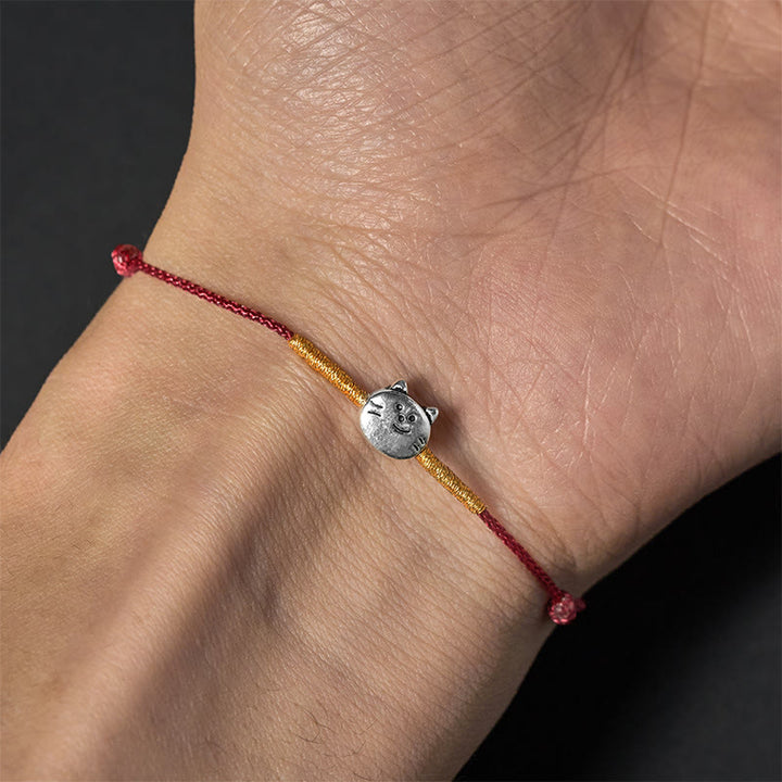Bracciale intrecciato in corda rossa con simpatico gatto in argento sterling 925 Buddha Stones - image 3