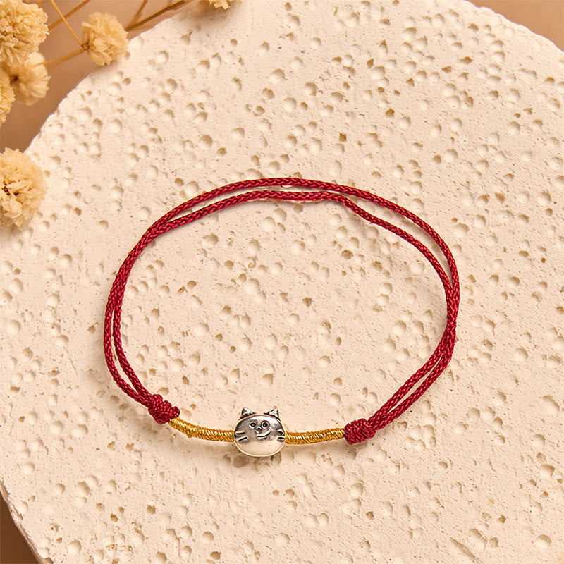 Bracciale intrecciato in corda rossa con simpatico gatto in argento sterling 925 Buddha Stones - image 2