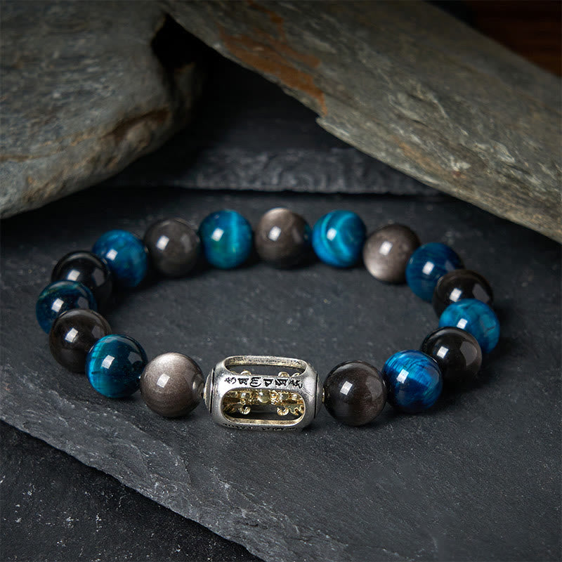 Braccialetto rilassante Om Mani Padme Hum in ossidiana blu con Buddha Stones in argento naturale e occhio di tigre - 20 centimetri - image 0
