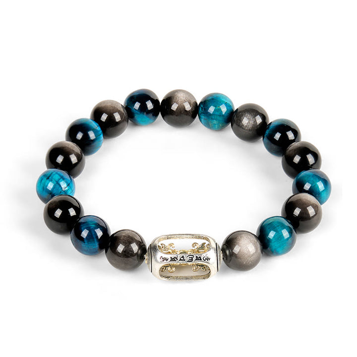 Braccialetto rilassante Om Mani Padme Hum in ossidiana blu con Buddha Stones in argento naturale e occhio di tigre - image 4