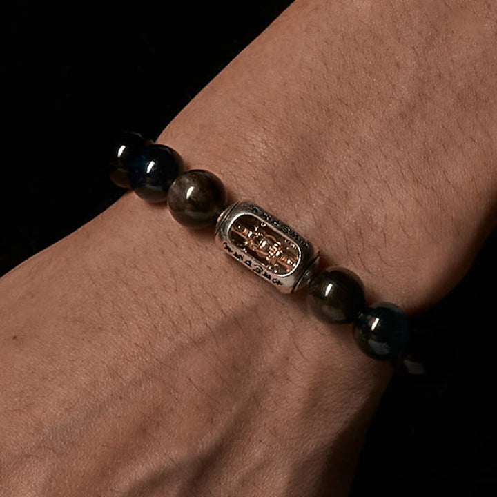 Braccialetto rilassante Om Mani Padme Hum in ossidiana blu con Buddha Stones in argento naturale e occhio di tigre - image 3