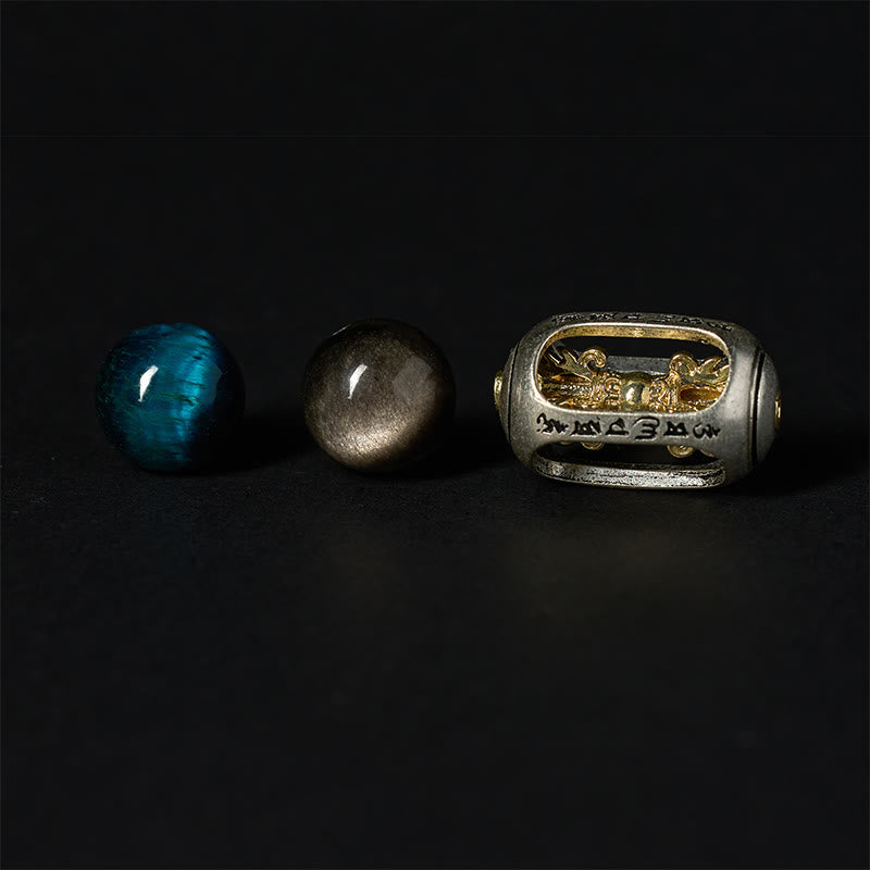 Braccialetto rilassante Om Mani Padme Hum in ossidiana blu con Buddha Stones in argento naturale e occhio di tigre - image 7