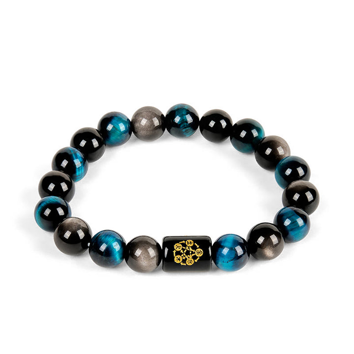 Bracciale di protezione dei cinque elementi in onice nero, ossidiana blu, occhio di tigre blu e Buddha Stones - image 4
