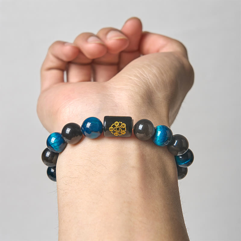 Bracciale di protezione dei cinque elementi in onice nero, ossidiana blu, occhio di tigre blu e Buddha Stones - image 3