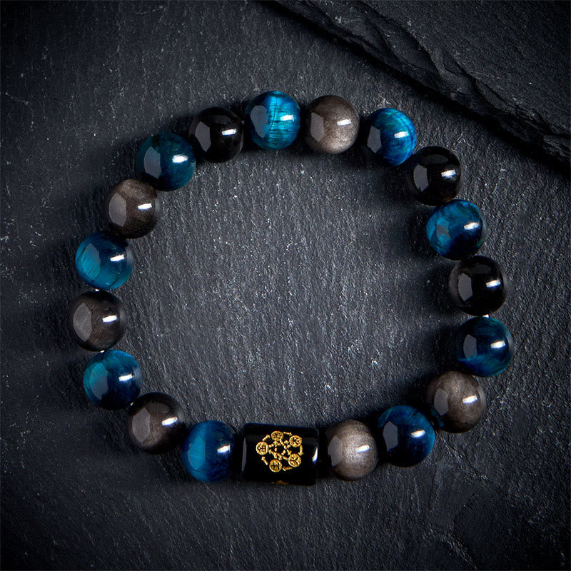 Bracciale di protezione dei cinque elementi in onice nero, ossidiana blu, occhio di tigre blu e Buddha Stones - image 1