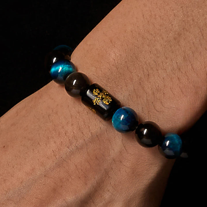 Bracciale di protezione dei cinque elementi in onice nero, ossidiana blu, occhio di tigre blu e Buddha Stones - image 2