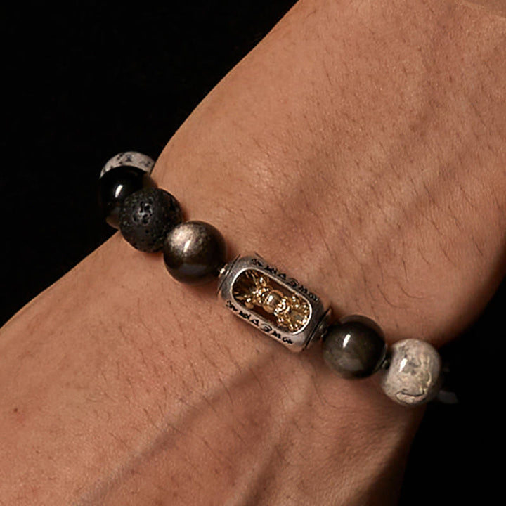 Bracciale lenitivo Buddha Stones, lucentezza argentata, ossidiana, roccia lavica, diaspro grigio, Om Mani Padme Hum Vajra - image 2