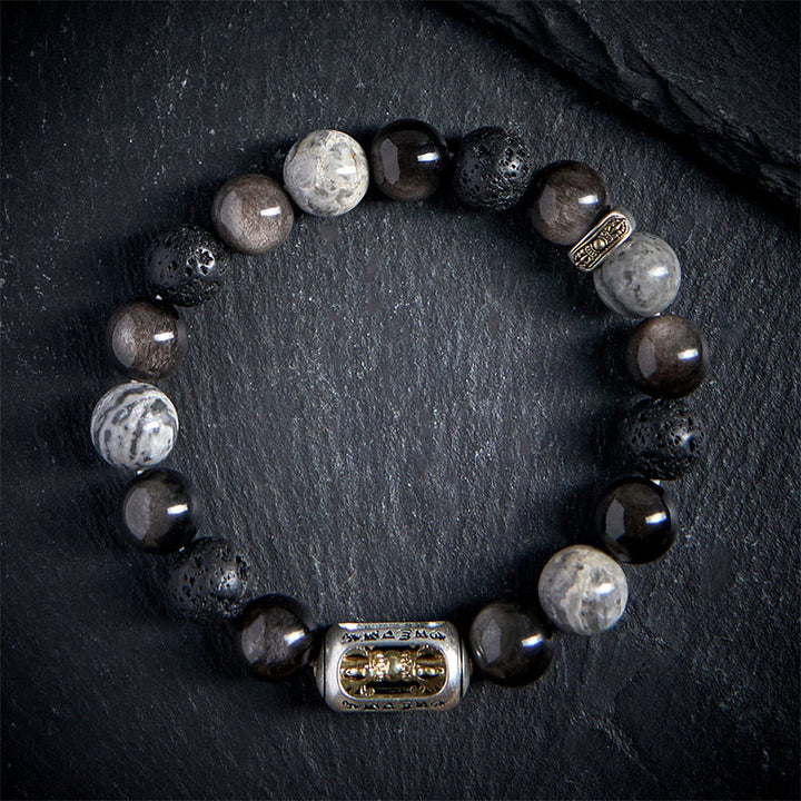Bracciale lenitivo Buddha Stones, lucentezza argentata, ossidiana, roccia lavica, diaspro grigio, Om Mani Padme Hum Vajra - image 1