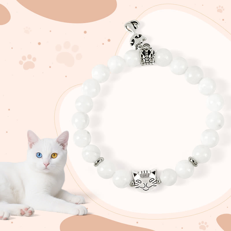 Braccialetto positivo con perline di calcedonio bianco naturale Buddha Stones White Cat - Gatto bianco (circonferenza del polso 14-16 cm) - image 0
