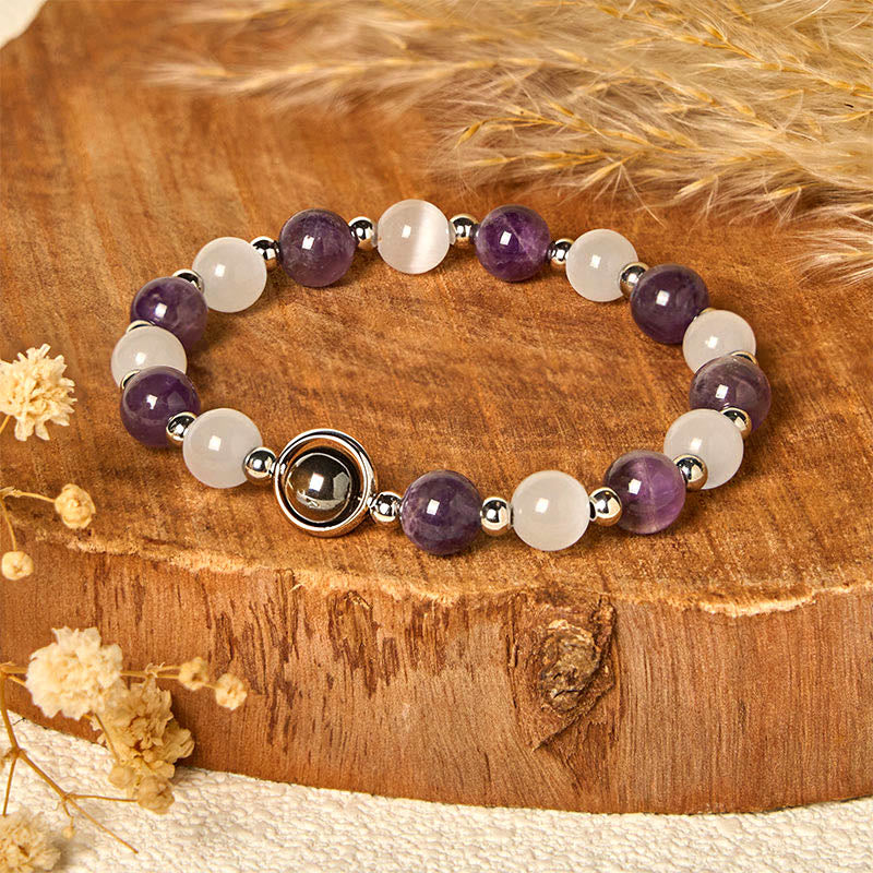 Braccialetto di equilibrio con perle di occhio di gatto bianco e ametista naturale Buddha Stones - image 1