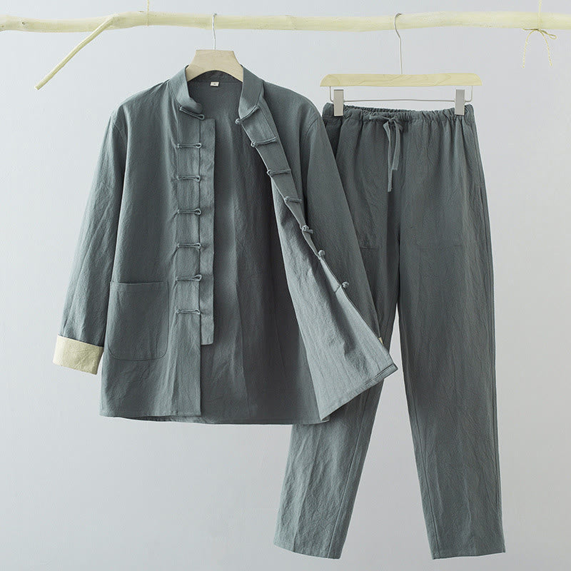 Completo da uomo Buddha Stones 2 pezzi Tang Suit con camicia a maniche lunghe e pantaloni in cotone e lino con bottoni a rana e tasche. - Cadetto Blu - US/UK/AU44, EU54 (4XL) - image 14