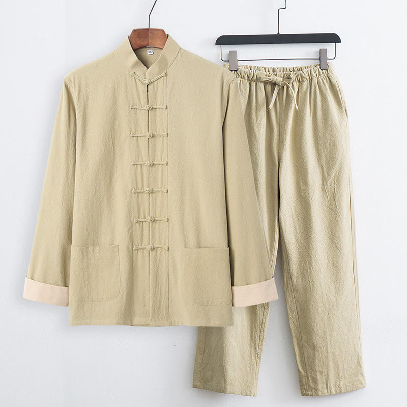 Completo da uomo Buddha Stones 2 pezzi Tang Suit con camicia a maniche lunghe e pantaloni in cotone e lino con bottoni a rana e tasche. - Verga d'oro pallida - US/UK/AU44, EU54 (4XL) - image 19