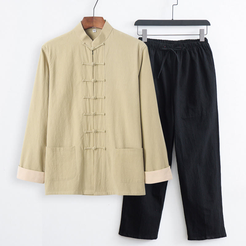 Completo da uomo Buddha Stones 2 pezzi Tang Suit con camicia a maniche lunghe e pantaloni in cotone e lino con bottoni a rana e tasche. - Camicia color giallo paglierino pallido + pantaloni neri - US/UK/AU44, EU54 (4XL) - image 20