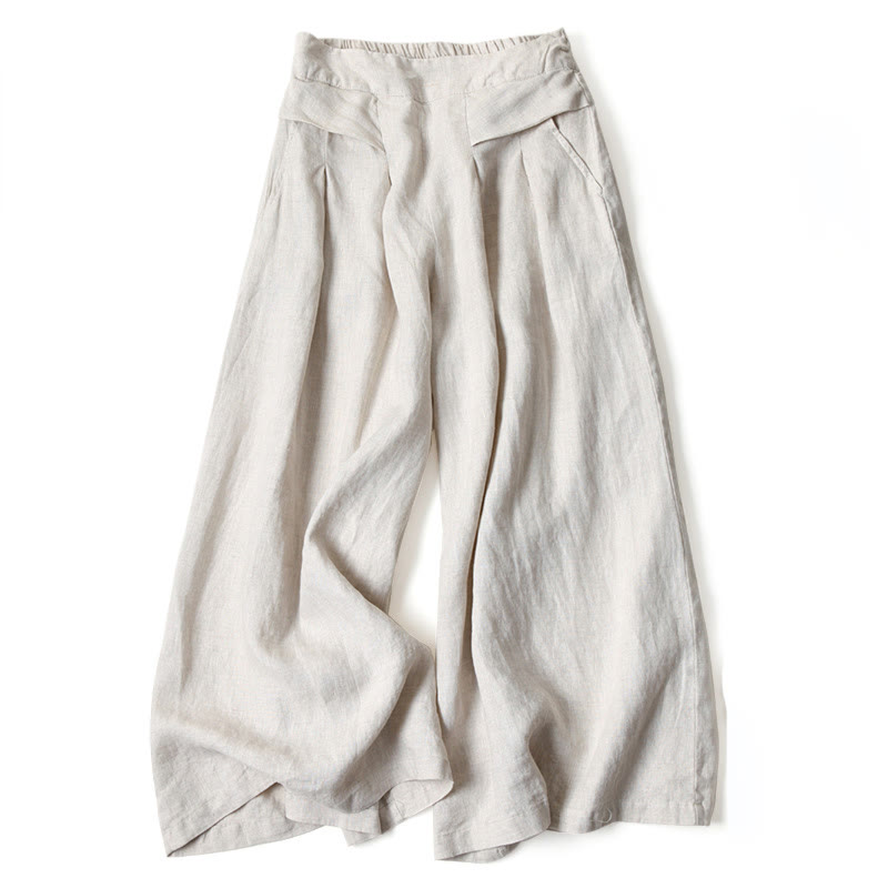 Pantaloni a gamba larga in cotone e lino tinta unita con vita alta e tasche Buddha Stones - Beige - US16, UK/AU20, EU48 (3XL) - image 10