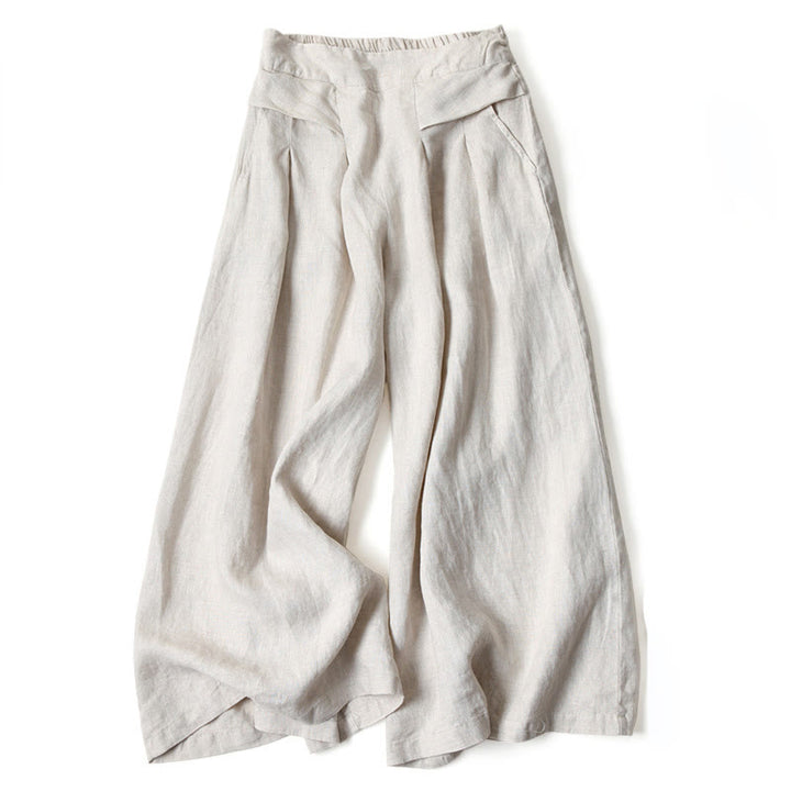 Pantaloni a gamba larga in cotone e lino tinta unita con vita alta e tasche Buddha Stones - Beige - US16, UK/AU20, EU48 (3XL) - image 10