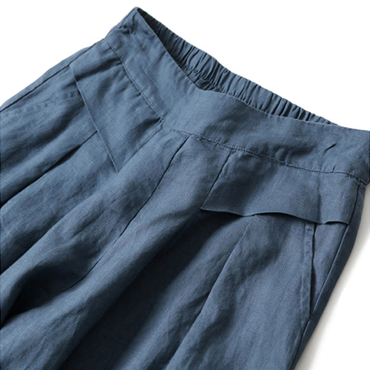Pantaloni a gamba larga in cotone e lino tinta unita con vita alta e tasche Buddha Stones - image 6