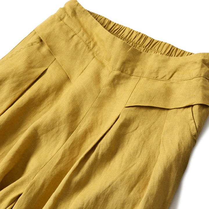 Pantaloni a gamba larga in cotone e lino tinta unita con vita alta e tasche Buddha Stones - image 1