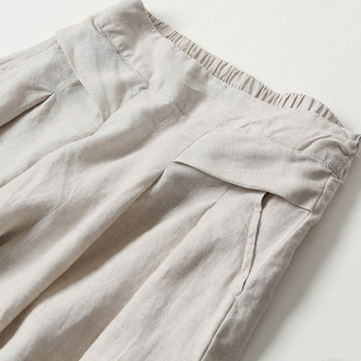Pantaloni a gamba larga in cotone e lino tinta unita con vita alta e tasche Buddha Stones - image 11