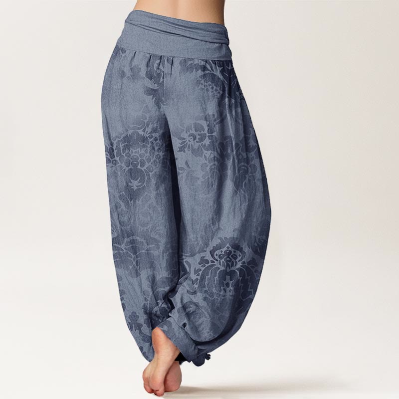 Pantaloni harem da donna in puro cotone con elastico in vita, motivo a fiori e foglie, stile casual, motivo Buddha Stones - image 1