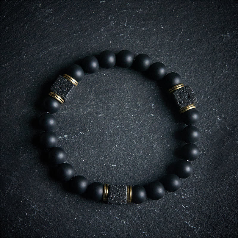 Bracciale Buddha Stones in pietra lavica quadrata, onice nero satinato naturale, fortuna - 17 centimetri - image 0