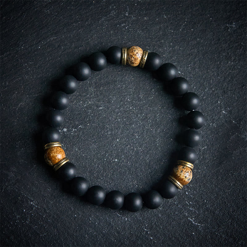 Bracciale Buddha Stones in onice nero satinato naturale con diaspro dipinto - 17 centimetri - image 0