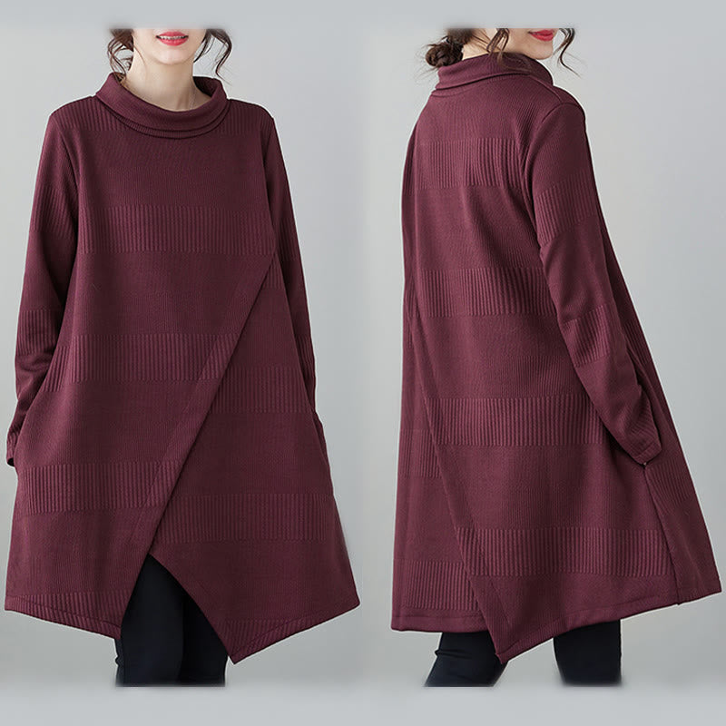 Abito midi invernale con orlo irregolare, collo alto e maniche lunghe, con tasche, modello Buddha Stones. - image 10