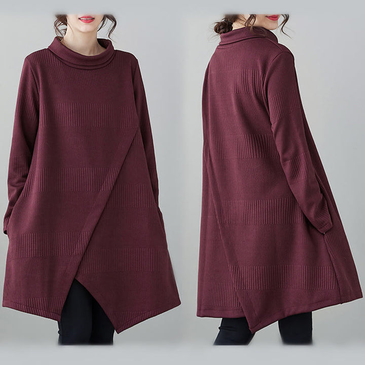 Abito midi invernale con orlo irregolare, collo alto e maniche lunghe, con tasche, modello Buddha Stones. - image 10
