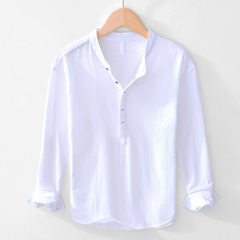 Camicie da uomo in cotone a maniche lunghe con bottoni a tinta unita, modello Buddha Stones, primavera-autunno - Bianco - US/UK/AU44, EU54 (4XL) - image 1