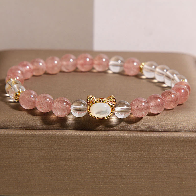 Braccialetto curativo con perline di cristallo bianco e quarzo fragola naturale Buddha Stones Cat - Quarzo fragola (circonferenza del polso: 15-17 cm) - image 0
