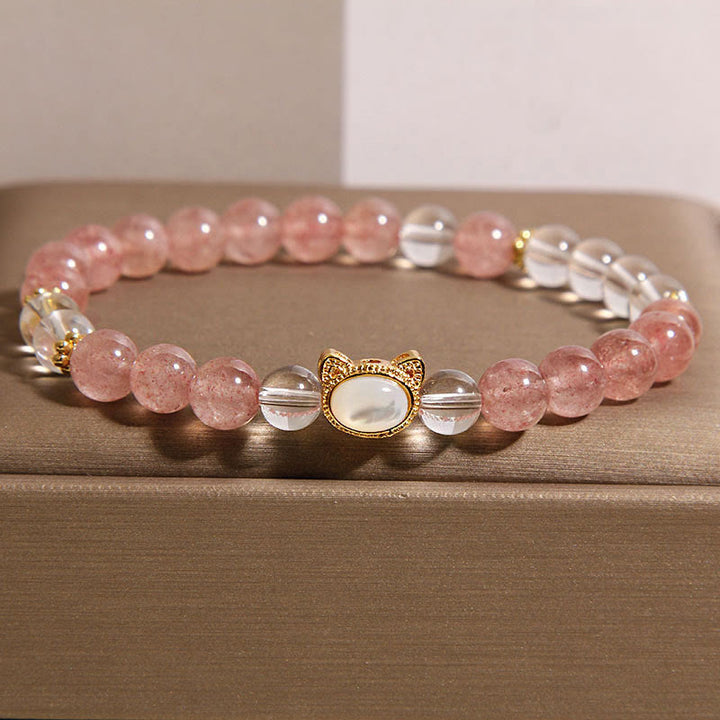 Braccialetto curativo con perline di cristallo bianco e quarzo fragola naturale Buddha Stones Cat - Quarzo fragola (circonferenza del polso: 15-17 cm) - image 0