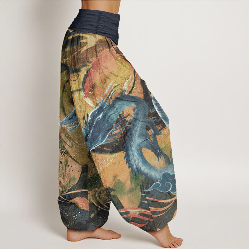 Pantaloni harem da donna con elastico in vita, in puro cotone, con motivo a nuvole di buon auspicio e drago, motivo Buddha Stones - image 10