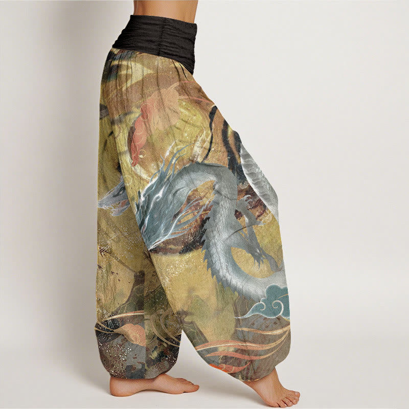 Pantaloni harem da donna con elastico in vita, in puro cotone, con motivo a nuvole di buon auspicio e drago, motivo Buddha Stones - image 2