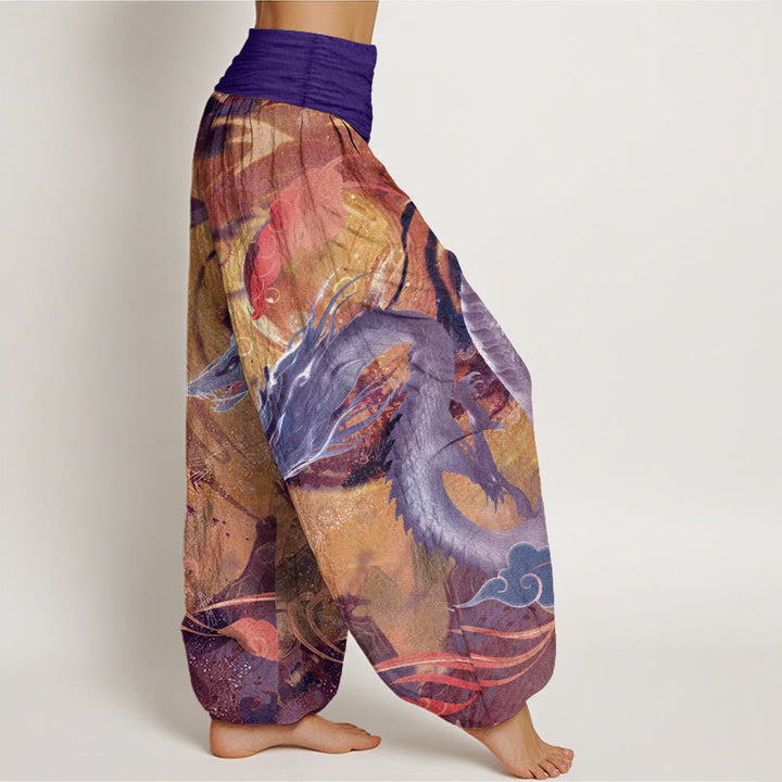 Pantaloni harem da donna con elastico in vita, in puro cotone, con motivo a nuvole di buon auspicio e drago, motivo Buddha Stones - image 7