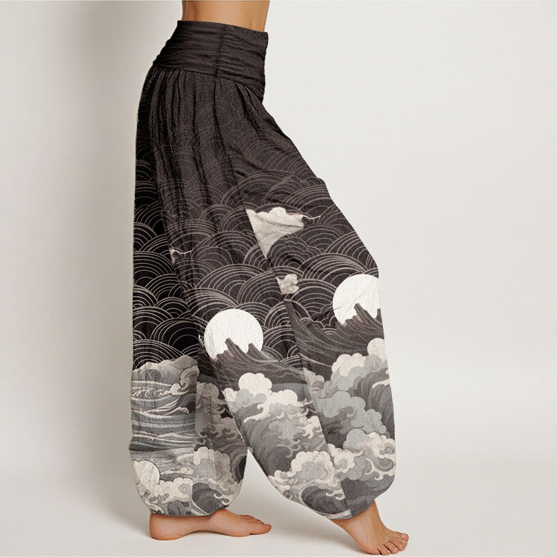 Pantaloni harem da donna con elastico in vita, modello casual in puro cotone con motivo a onde, luna e montagna, motivo Buddha Stones - image 2