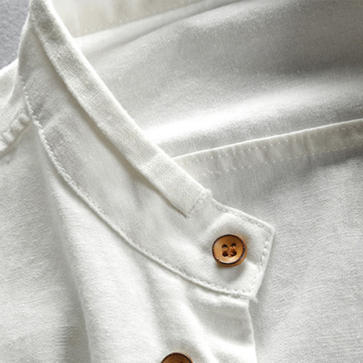 Camicia da uomo a maniche lunghe con collo alto e stampa Buddha Stones, vestibilità slim, in cotone e lino. - image 6