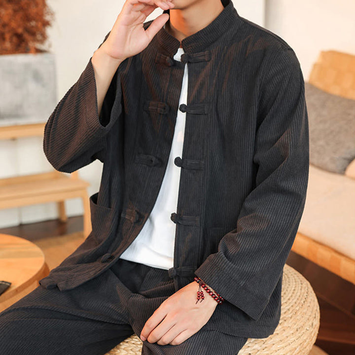 Set da 2 pezzi da uomo in velluto a coste di cotone con bottoni a rana, camicia a maniche lunghe e pantaloni, Buddha Stones - image 16