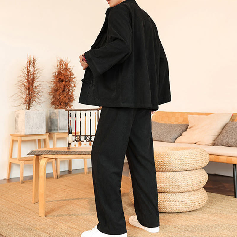 Set da 2 pezzi da uomo in velluto a coste di cotone con bottoni a rana, camicia a maniche lunghe e pantaloni, Buddha Stones - image 24