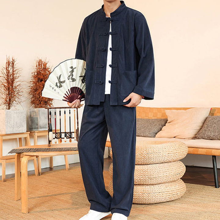 Set da 2 pezzi da uomo in velluto a coste di cotone con bottoni a rana, camicia a maniche lunghe e pantaloni, Buddha Stones - image 34