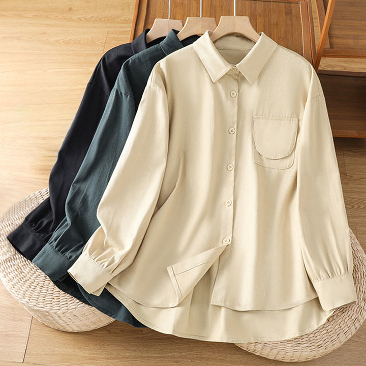 Buddha Stones Camicia casual da donna in cotone con maniche lunghe e collo alto e tasche - image 28