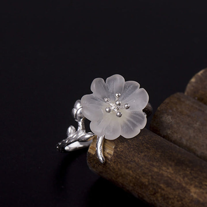 Anello di guarigione regolabile in argento sterling 925 con fiore di cristallo bianco naturale Buddha Stones - image 3