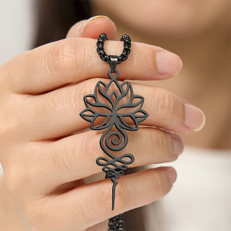 Collana con ciondolo dell'illuminazione in acciaio inossidabile, simbolo del chakra del loto di Buddha Stones Unalome - image 16