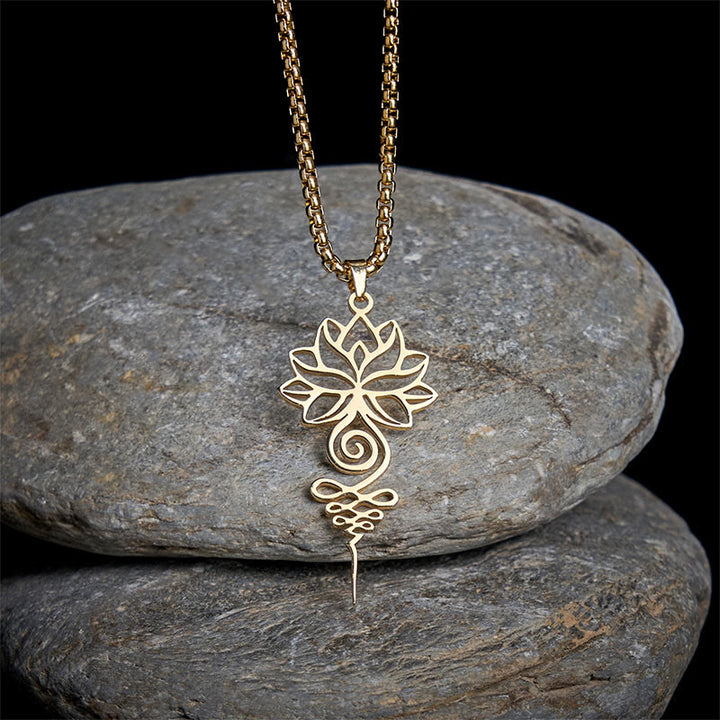 Collana con ciondolo dell'illuminazione in acciaio inossidabile, simbolo del chakra del loto di Buddha Stones Unalome - Oro - image 7